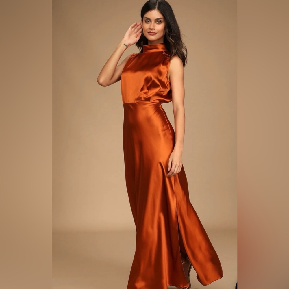 Lulus Classic Copper Satin, Mock Neck Maxi Dress